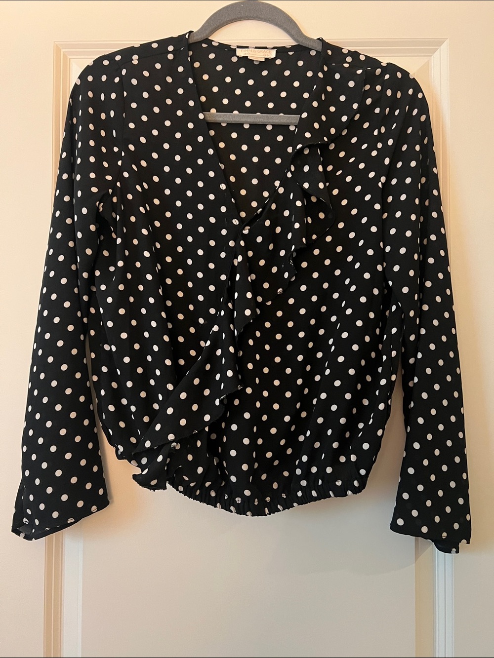Polka Dot Ruffle Wrap Blouse - Black/White